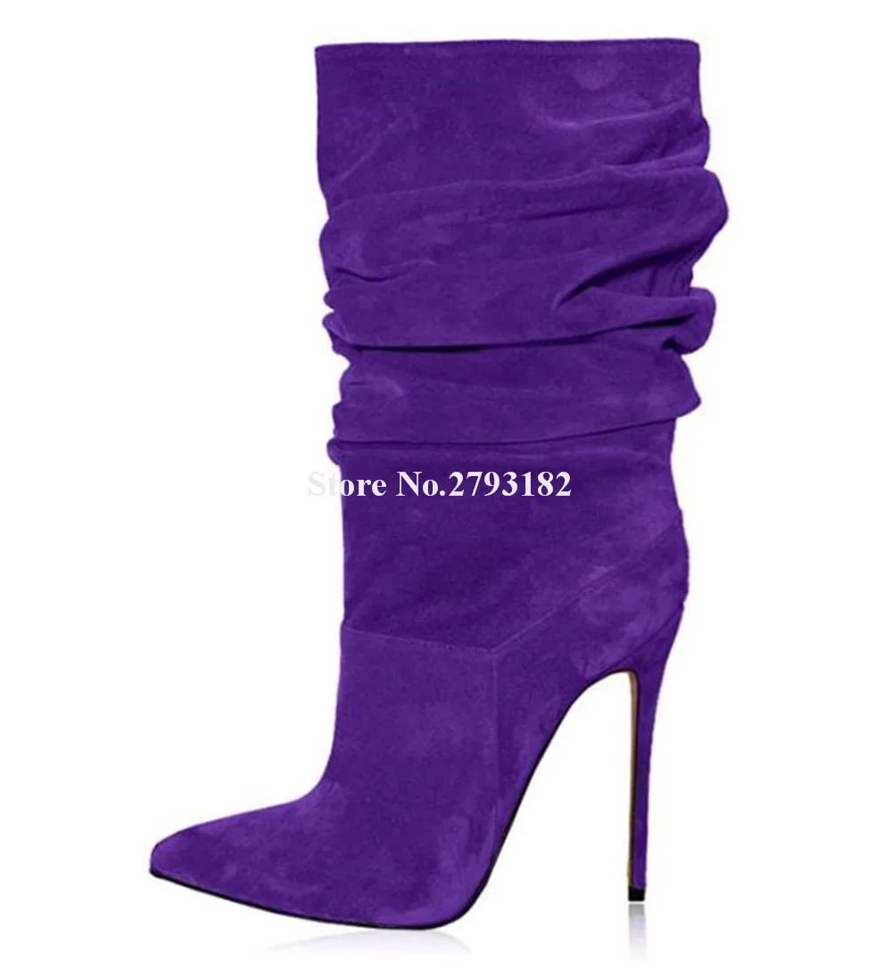 Classical Style Suede Stiletto Heel Mid-calf Boots Pointed Toe Slip-on Purple Brown Black Pink Thin Heel Short Boots