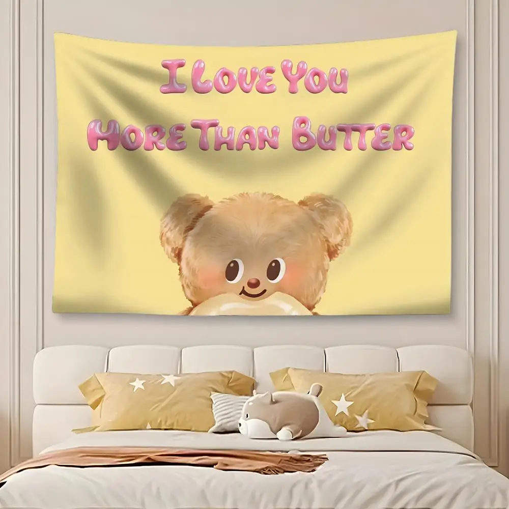 Cartoon B-Butter Bear Tapestry Art Decor Banner Microfiber Backdrop for Bedroom Living Room Bar Garden Party