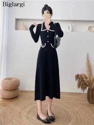 Knitted Autumn Midi Dress Women Slim High Waist Fashion Ruffle Ladies Dresses Korean Style Pleated Loose Woman Long Sleeve Dress