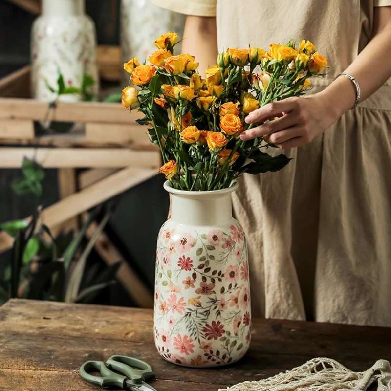 

Large Ceramic Vase Flower Arrangement Country-style Lily Wheat Ear High-mouthed Flower Vase Aesthetic Room Decor Decoração