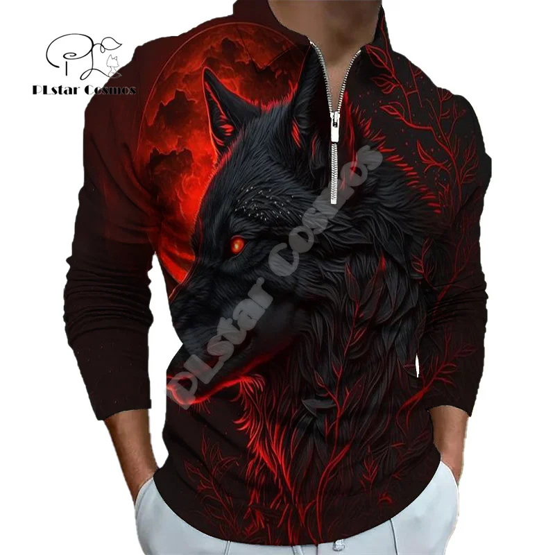 Halloween Dragon Skull Wolf Tiger Tattoo Colorful Retro 3DPrint Winter Autumn Harajuku Casual Zipper Polo Shirts Long Sleeves A8