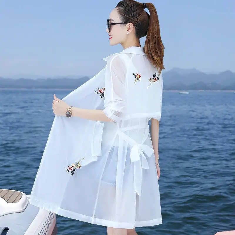 

Women Long Casual Zipper Cardigan Long Sleeve Sun Protection Clothing Summer Thin Top Embroidery Anti-UV Shawl Solid Coat A391