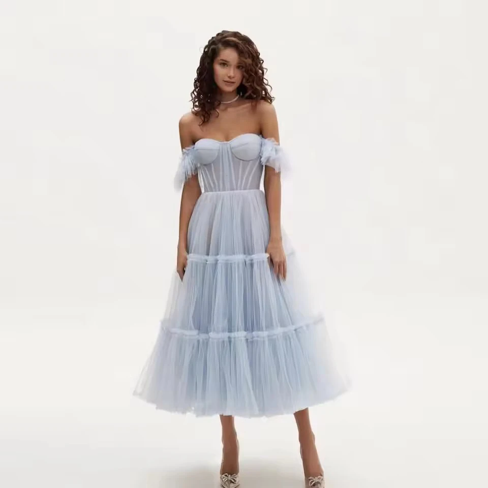 

Sky Blue Women Dresses With Ruffles Trimmed Details Sweetheart Long Maxi Dress Party Tulle Ankle Length Off Shoulder Customized