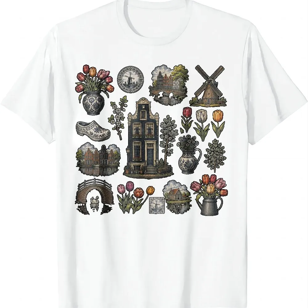 Dutch Holland Netherlands Pride Tulips Windmill King's Day T-Shirt Vintage Individuality  Print on Demand Summer Tops