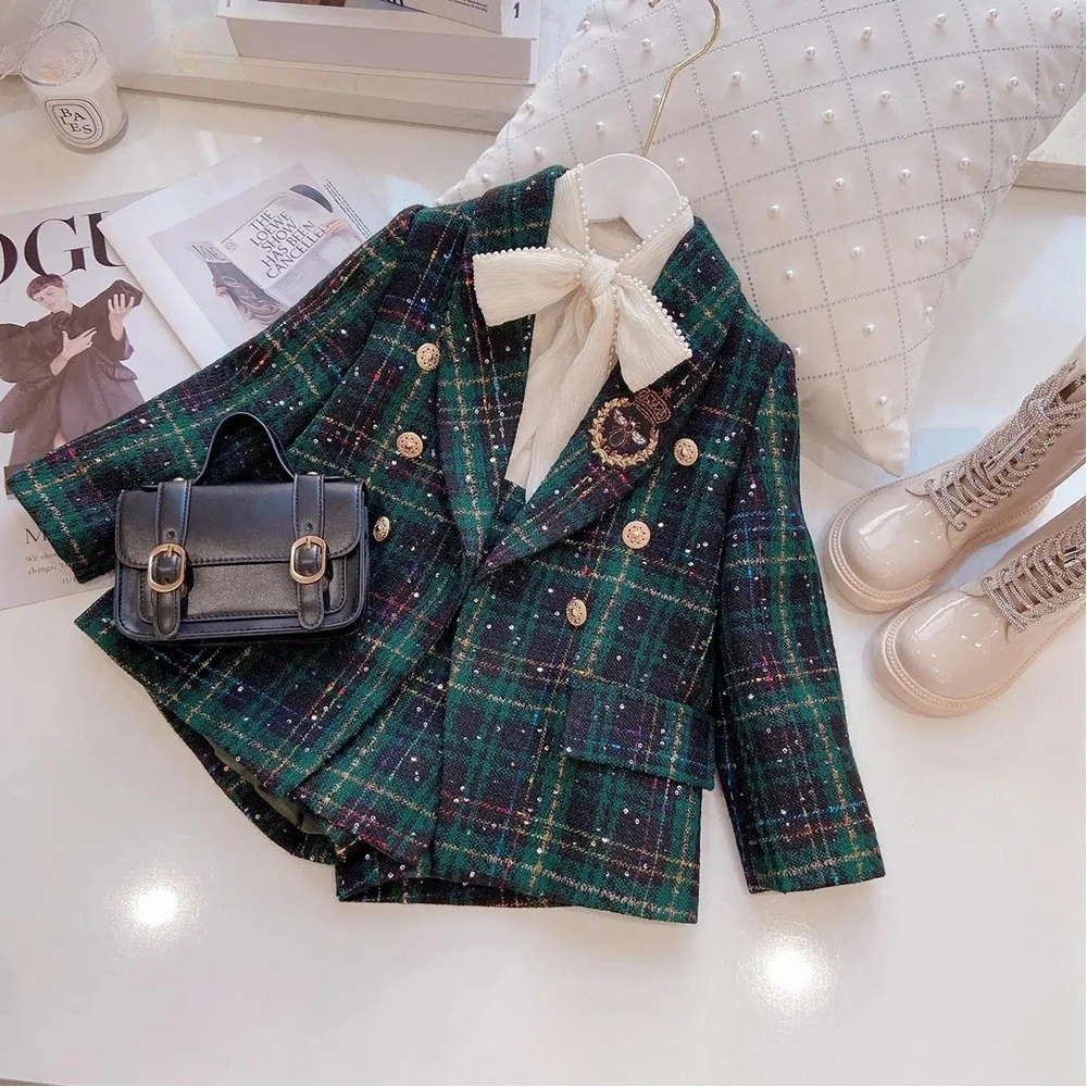Fashion Street Style Green Casual Suit for Girls V-neck Checkered Long Sleeved Jacket+button Up Skirt Korean Version