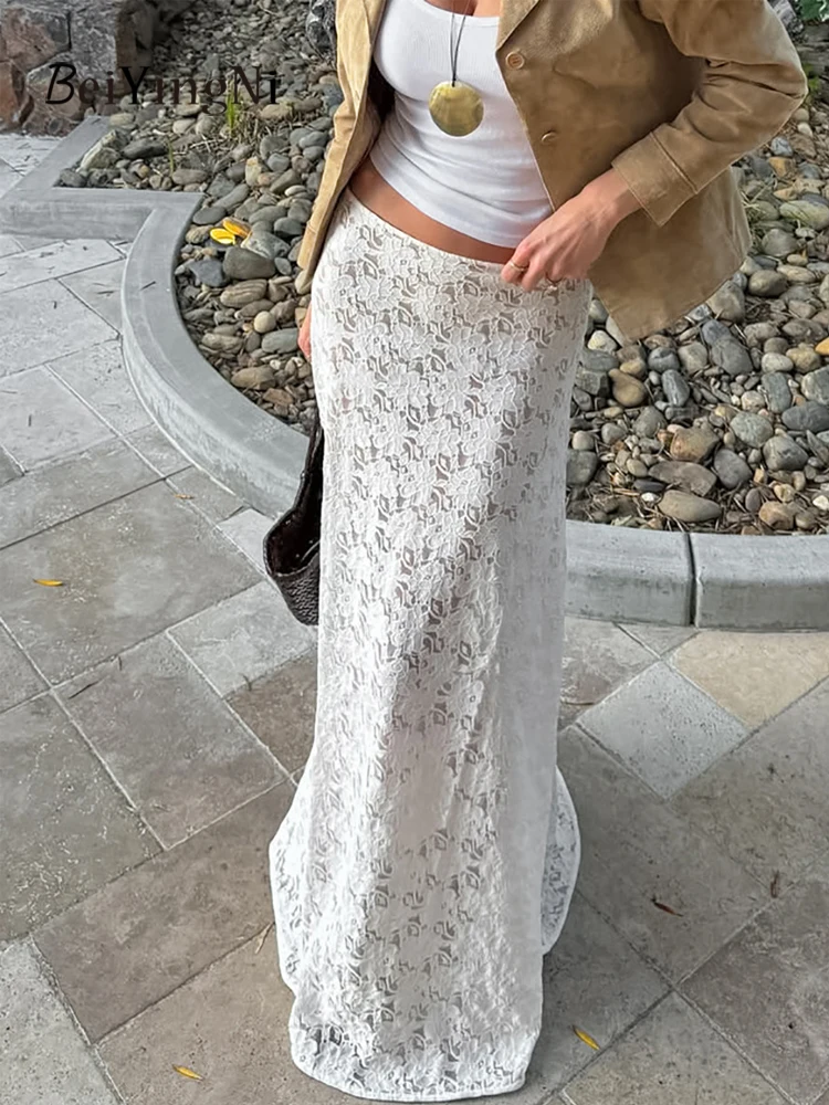 Beiyingni Gonna lunga in pizzo da donna di nuovo stile Slim Fit Casual Bianca Elegante donna francese Gonne a sirena Pianura Prospettiva Faldas