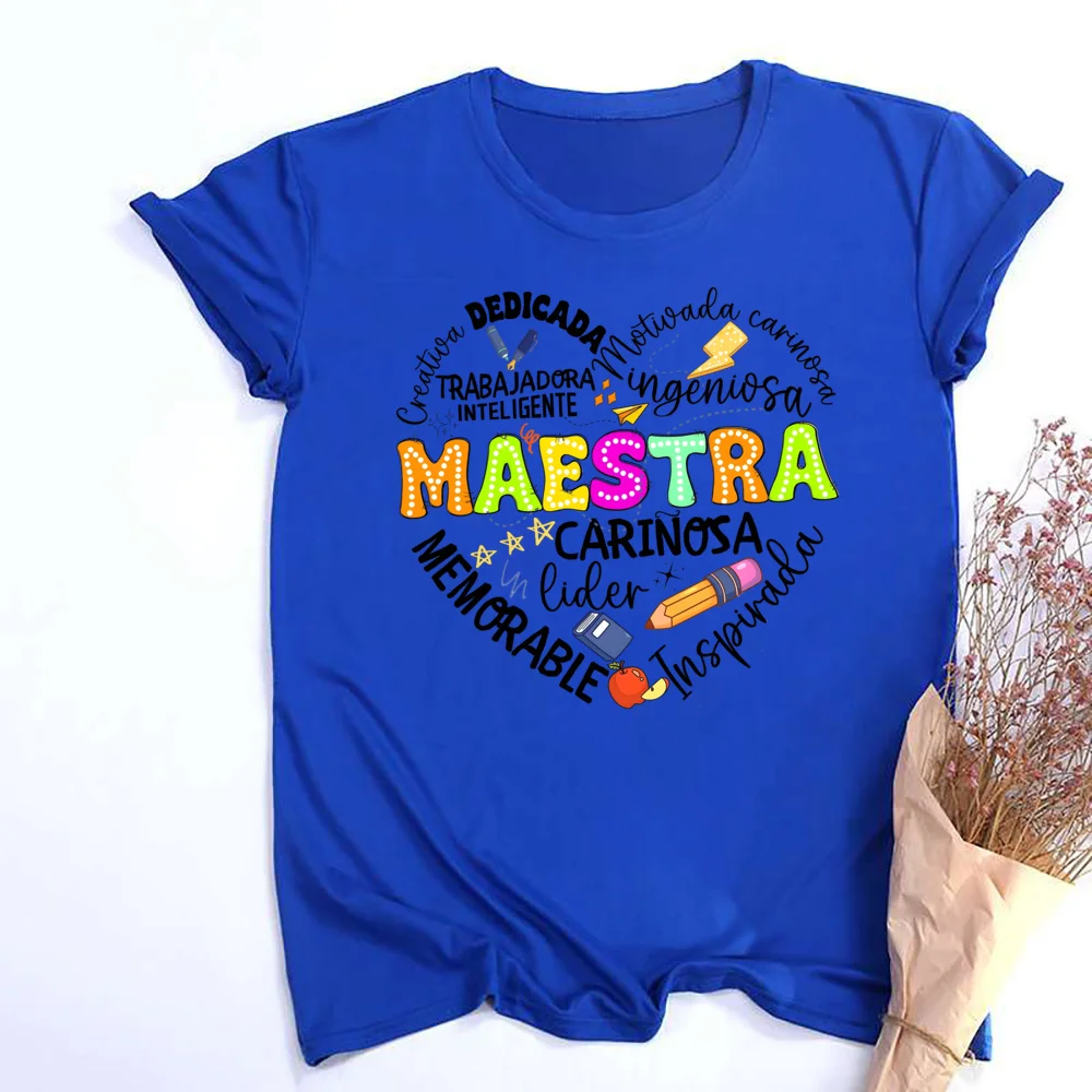 Casual Maestra Print Womens T-shirt Short Sleeve Round Neck Fashion Tee Shirt Teacher Comfy Tees Top Best Gift To Teacher