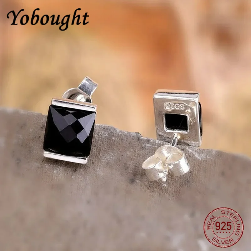 

New Fashion and Fresh Handmade S925 Silver Jewelry Black Agate Earrings With Cut Surface for Women Birthday Gift