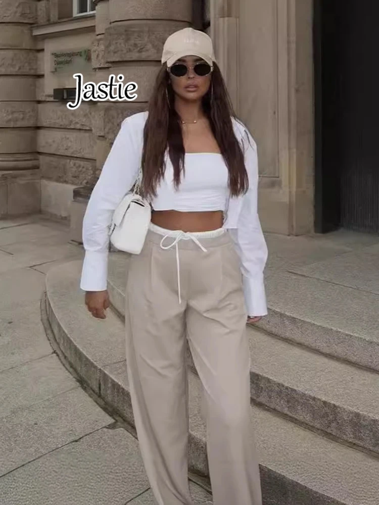 Jastie 2024 Fashion Street Loose Suit Pants Double Waist Pocket Wide Leg Pants Chic High Waist Casual Trousers