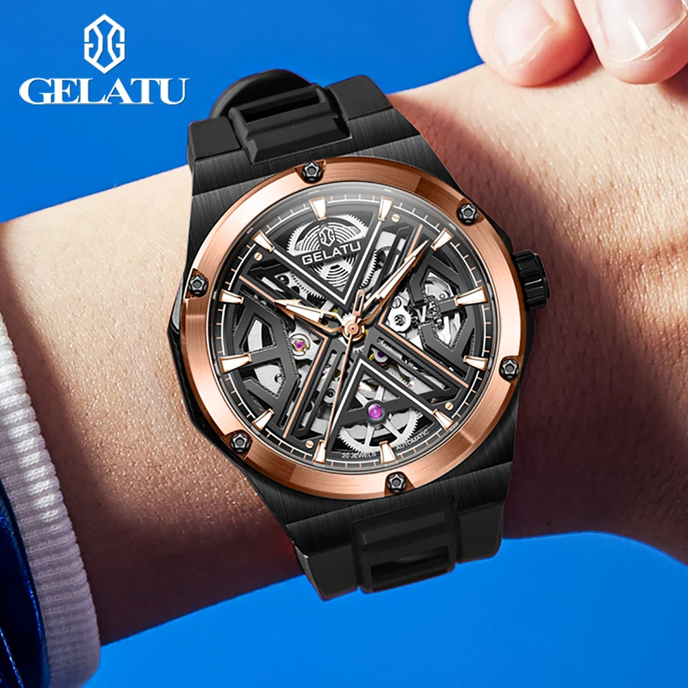 GELATU 6006 Men Watch Luxury Hollow X Series Automatic Mechanical Men's Watch Deep Waterproof Silicone Strap Brand Sports Watch