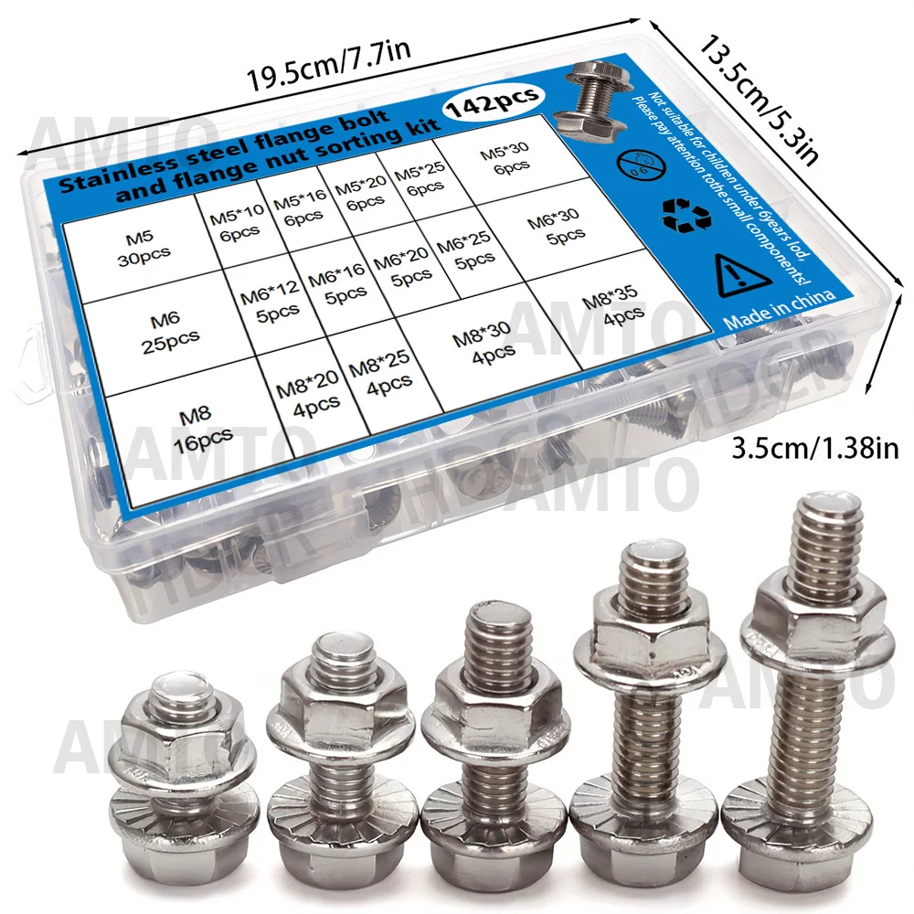 142-Piece Stainless Steel Hexagonal Flange Bolt and Nut Set, M5/M6/M8, Length 10-35mm