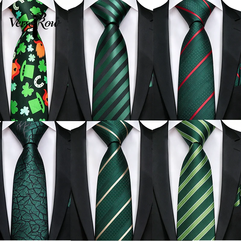 VerveRow Men Green St. Patrick's Day Striped Jacquard Necktie Pocket Square Set, Holiday Formal Suit Tie Hanky for Party