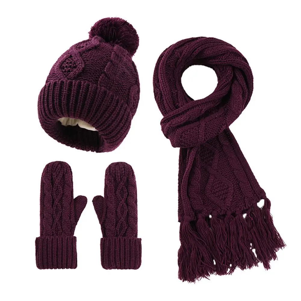 Trendy Winter Beanie Hat Scarf Gloves Set Knit 3 in 1 Set Long Scarf Neck Warmer Warm Women's Beanie with Pom Pom for Women