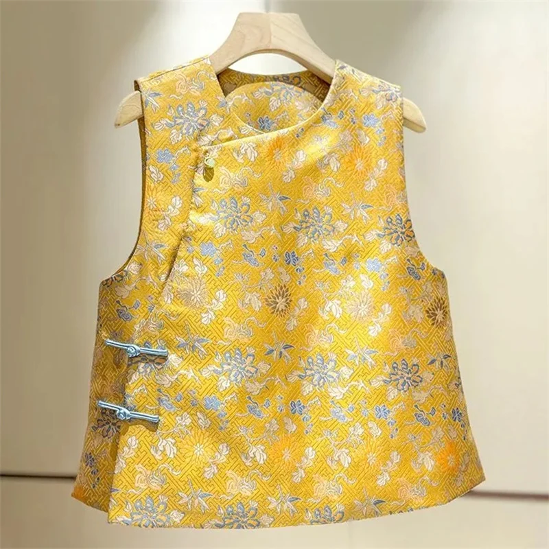 

Женский жаккардовый жилет в китайском стиле, новинка весенней коллекции, ретро-модель с круглым вырезом, асимметричной застежкой на пуговицах, без рукавов.