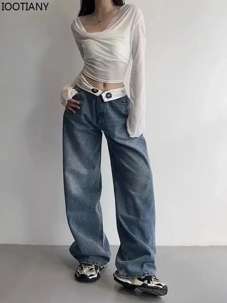 

Fashion High Waist Jean American Retro Jeans Waist Cuff Design Wide Leg Pants Loose Kpop Gyaru Street Casual Straight Trousers