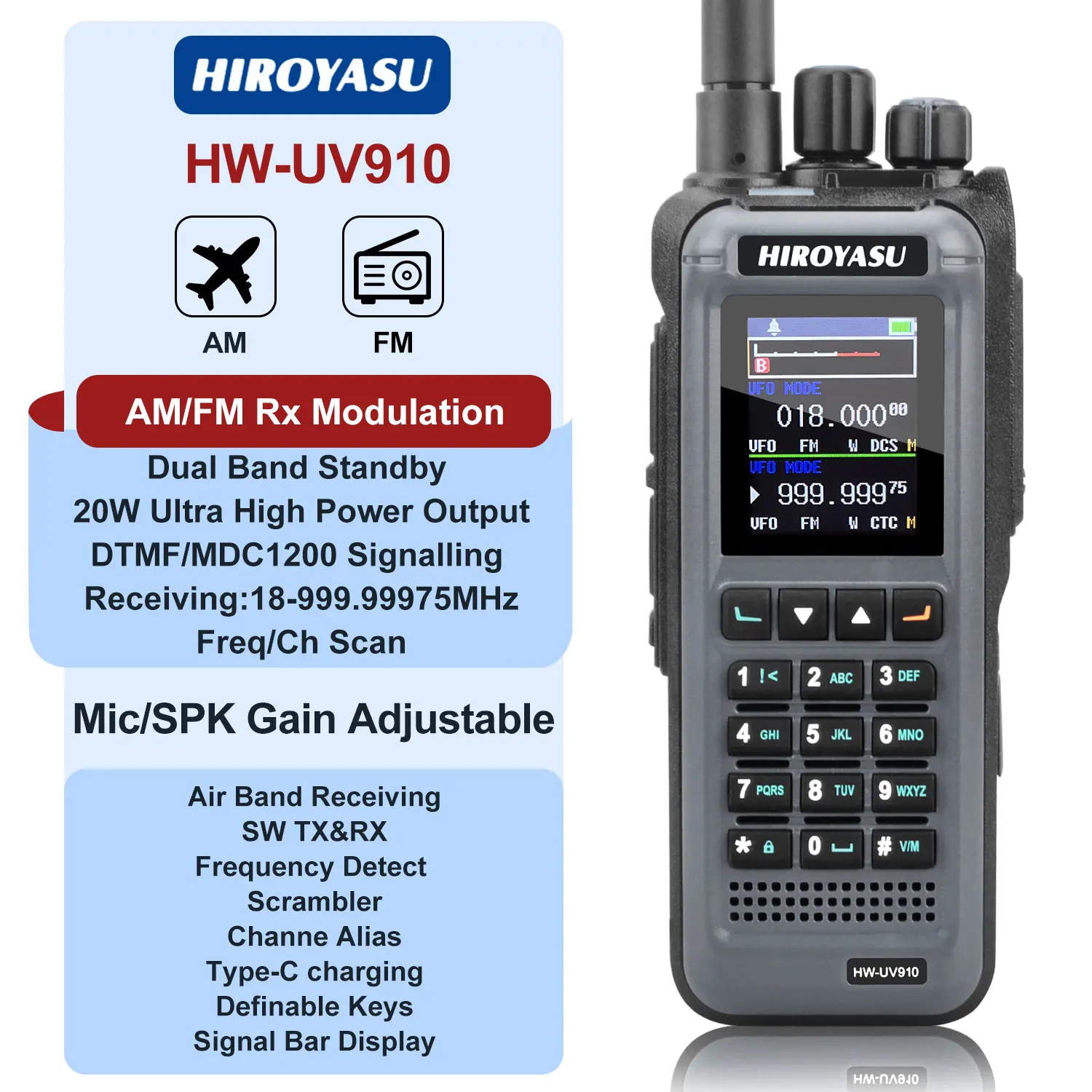 

HIROYASU HW-UV910 20W V/UHF 2M 70CM Radio Dual Band FM Walkie Talkie 18-999.999750MHz Air Band Rx Scrambler