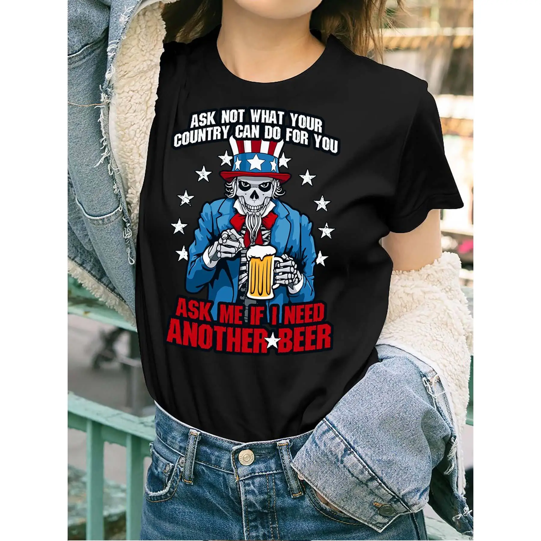

Funny Uncle Sam T-shirt Women's Patriotic Skeleton Tee Retro Beer Graphic Tops Fourth of July Humor Gifts
