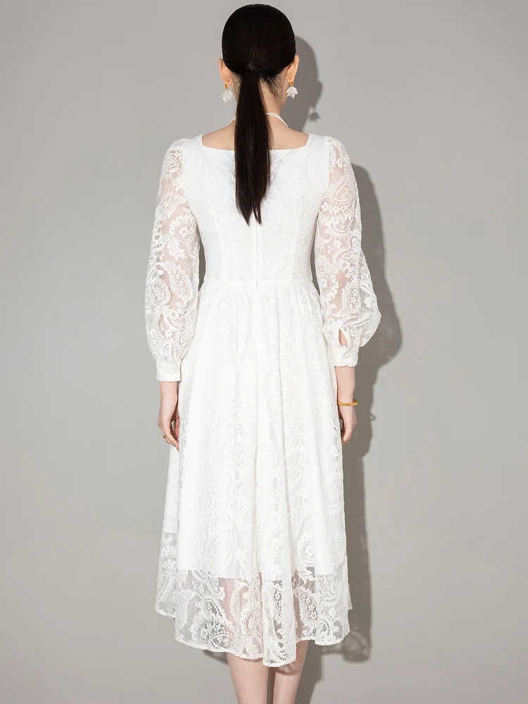 High end French dress, spring dress new female lace splicing, high-quality, white umbrella skirt