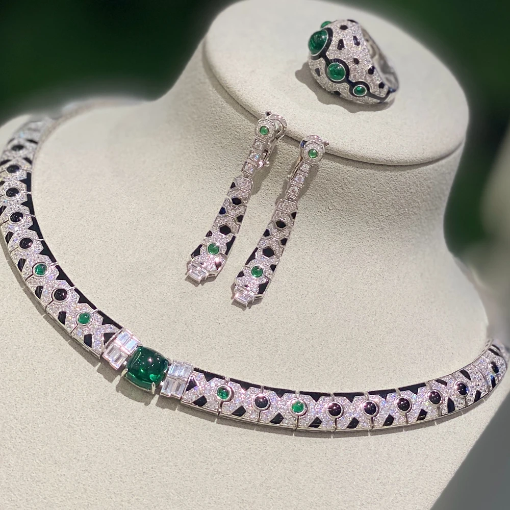 

Black Enamel Blue Turquoise Green Red Agate Necklace Earrings Rings Panther Silver 925 Leopard Print Jewelry Set For Women Party