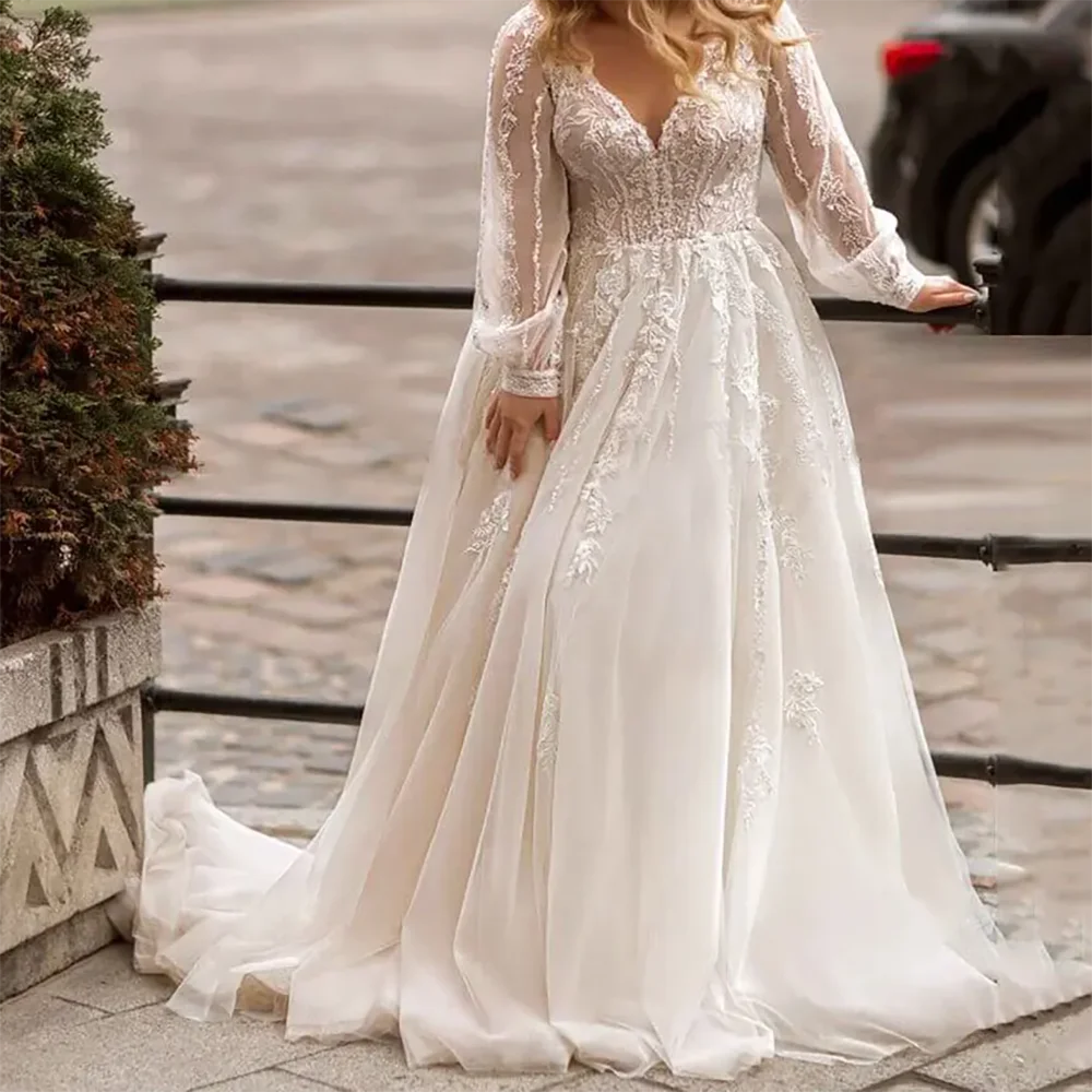 

Elegant V-Neck Lace Tulle Full Sleeve A-Line Bride Wedding Dresses Bridal Gowns Customized