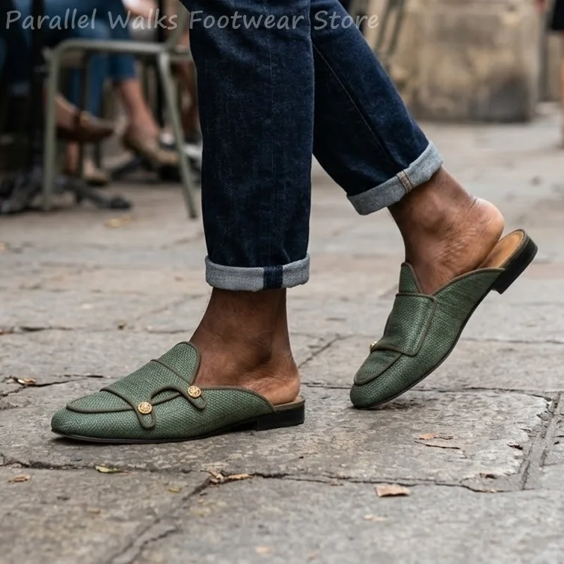 Smart Casual Men Woven Mules Backless Slip On Loafers Dual Gold Buttons Summer Outdoor Driving Flat Slippers Dress Shoes Green