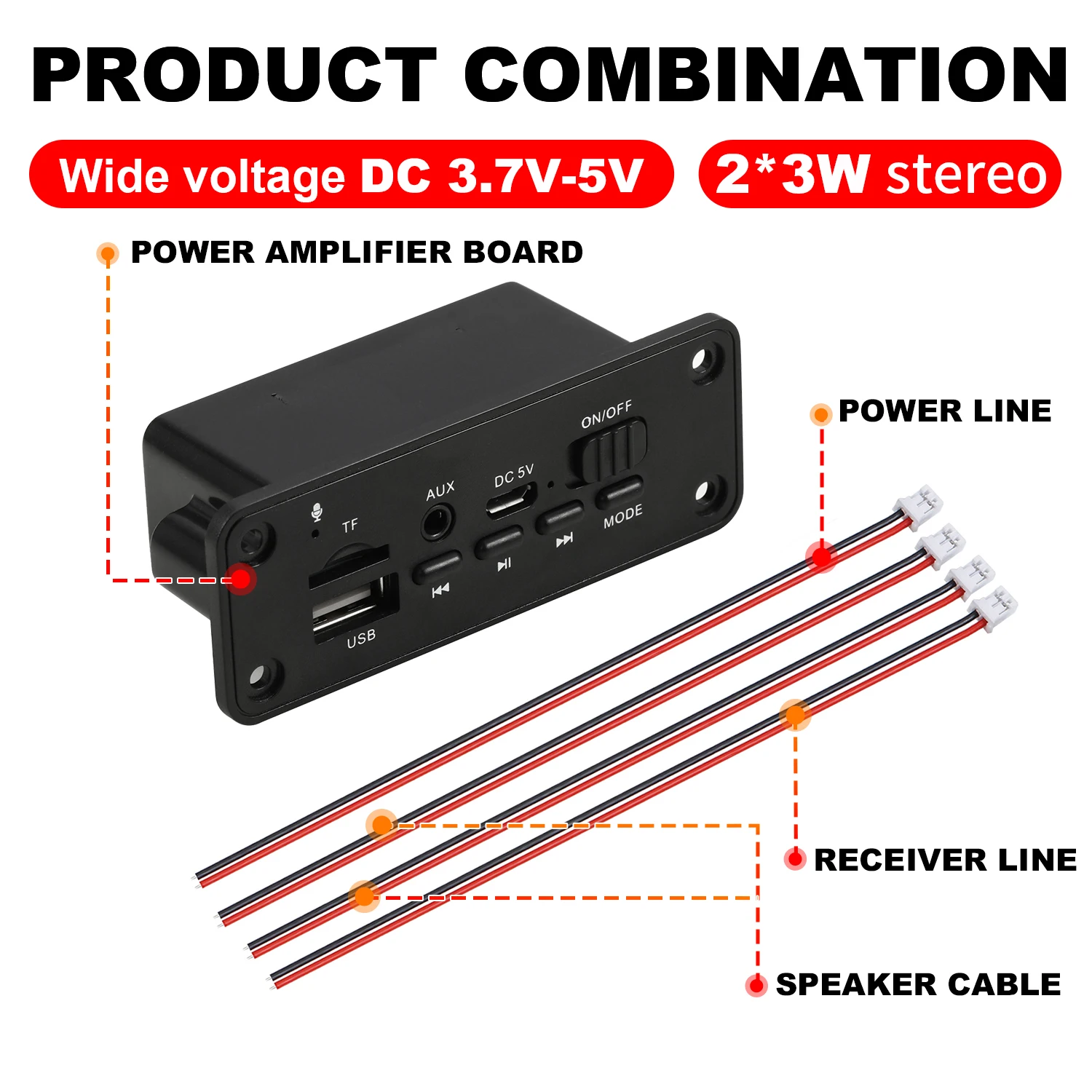 2*3W 6W Amplifier 5V MP3 Decoder Board Bluetooth 5.0 Stereo Audio DIY Car MP3 Player FM Radio TF USB 3.5mm Mic jack Record Call