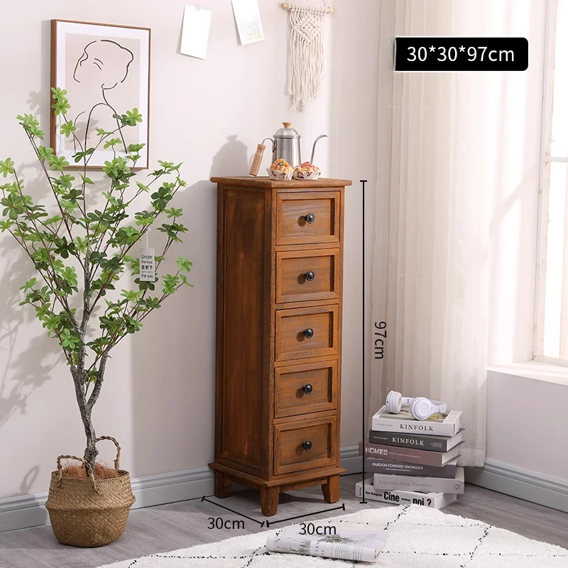 American Living Room Dresser Solid Wood Narrow Gap Storage Cabinet Vintage Narrow Tall Dresser Home Space-Saving Corner Cabinet