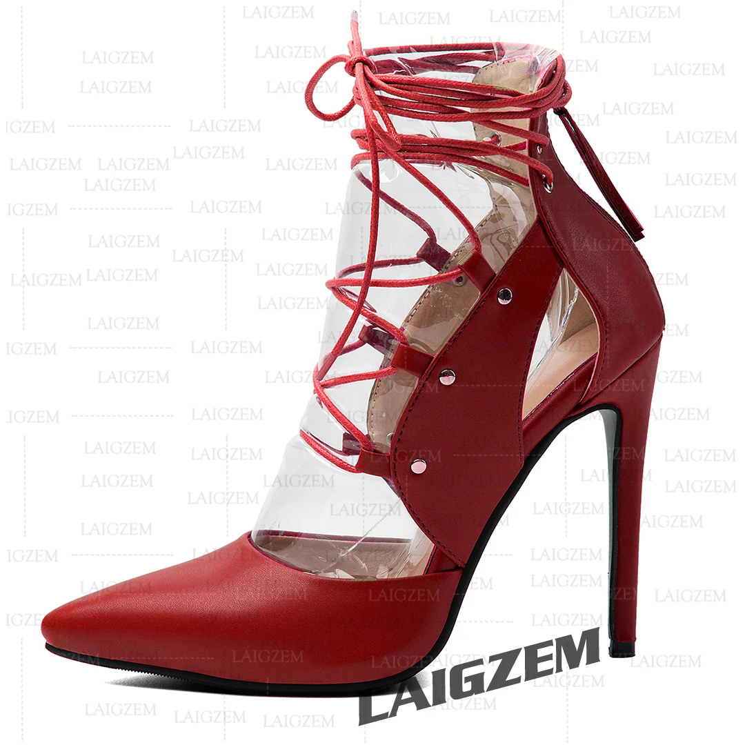 LAIGZEM Women Pumps Pointed Toe Back Zip Thin High Heels Sandals Party Handmade Prom Ladies Shoes Woman Large Size 39 43 45 47