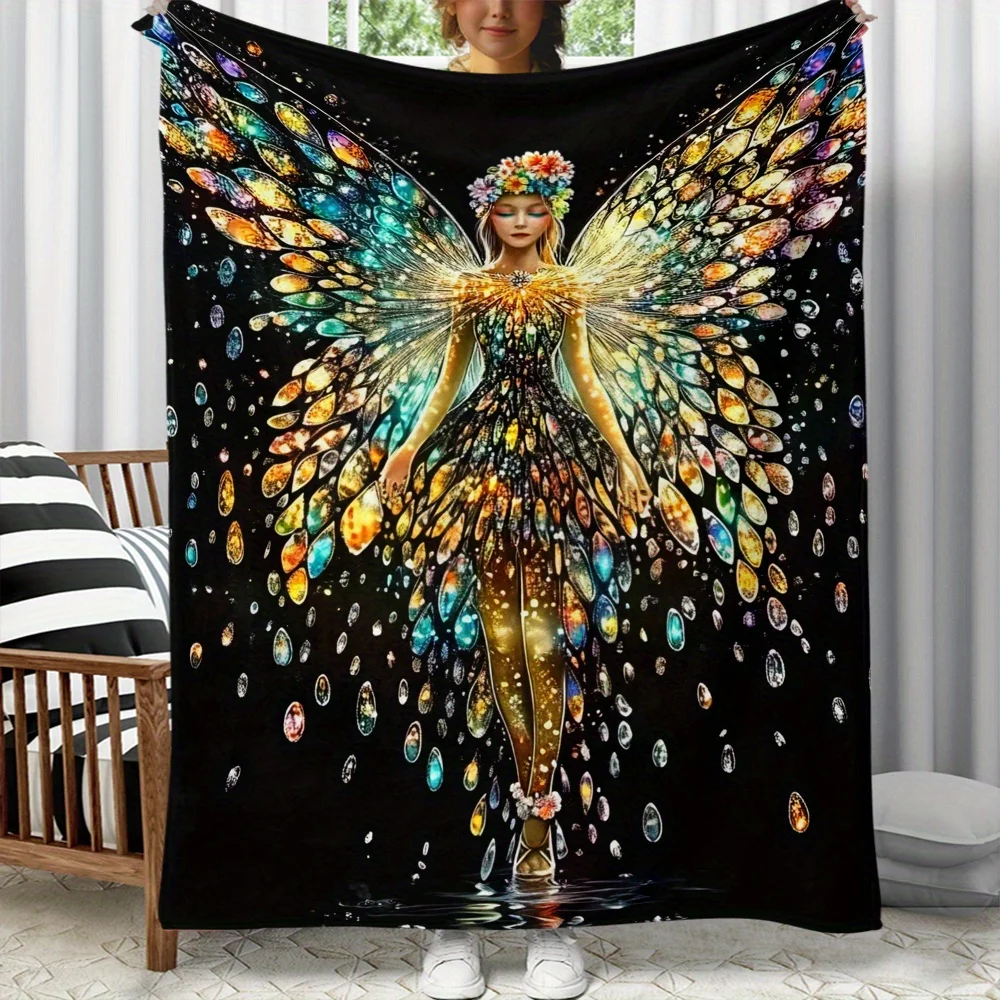 1pc Colorful Fairy Wings Crystal Gem Angel Flannel Blanket Mystical Art Soft Throw Blanket for Bedroom Yoga Meditation DecorGift