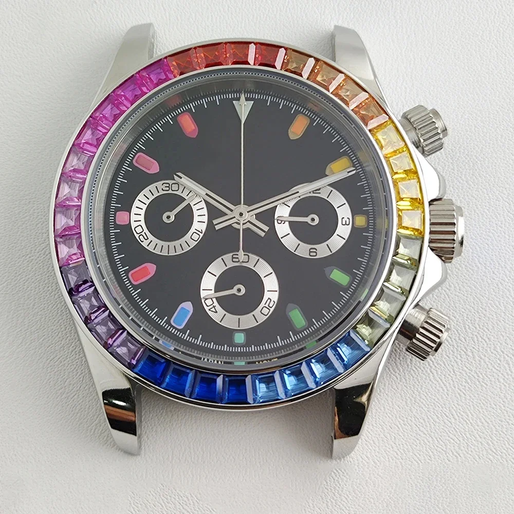 39mm VK63 Case Chronograph Diamond Bezel Rainbow Dial Steel Strap Sapphire Glass for Seiko Daytona VK63 Movement Watch for Men