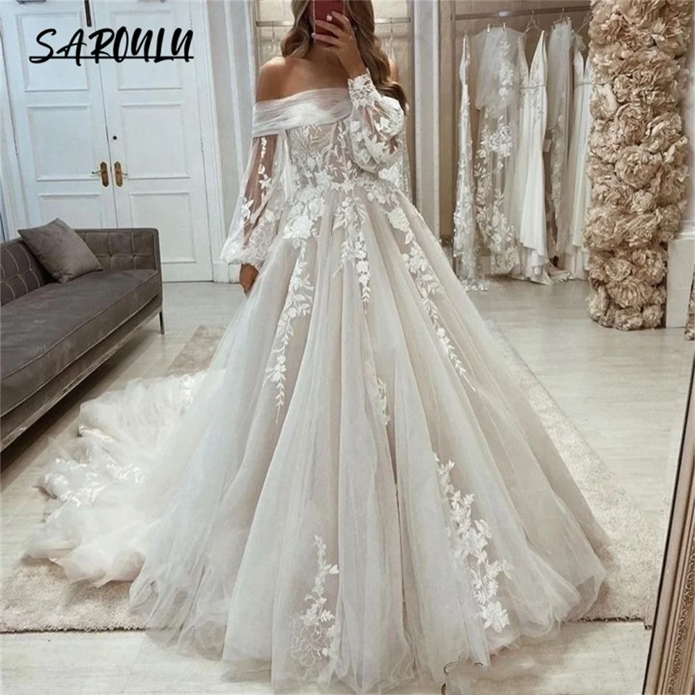 Vestidos de casamento românticos fora do ombro para mulheres, Vestido de baile de tule, Manga folhada com renda, vestido de noiva