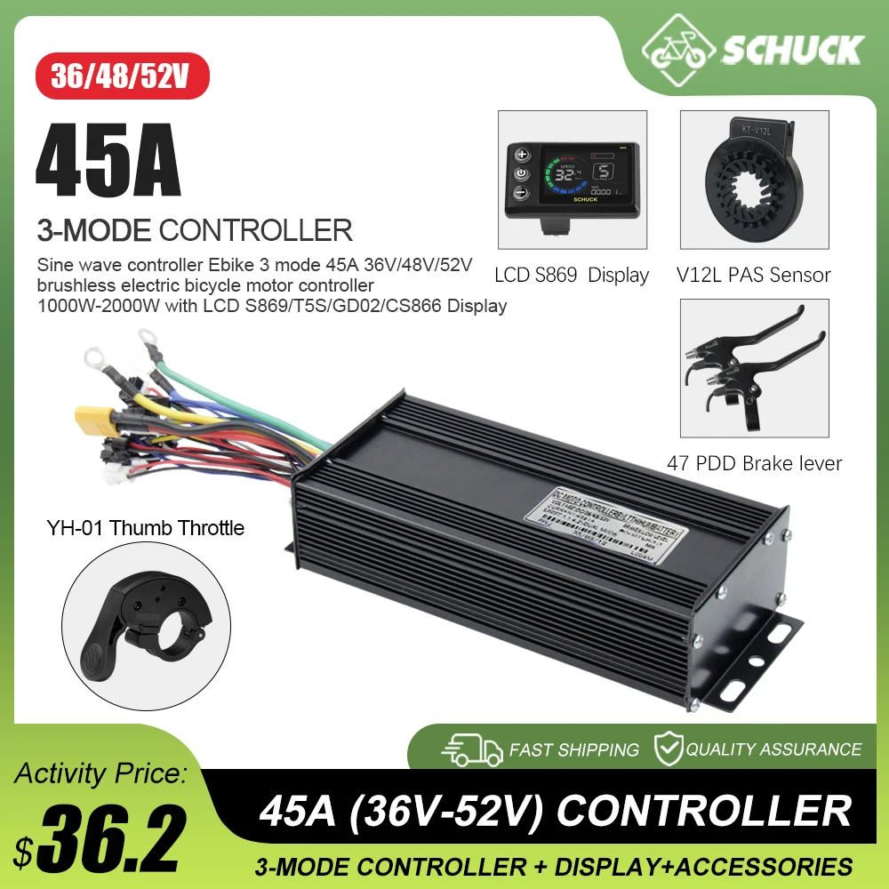 Three mode Controller Sinewave 36/48/52V 45A Ebike Controller With learn function For 1000W-2000W Electric Bike Conversion Kit