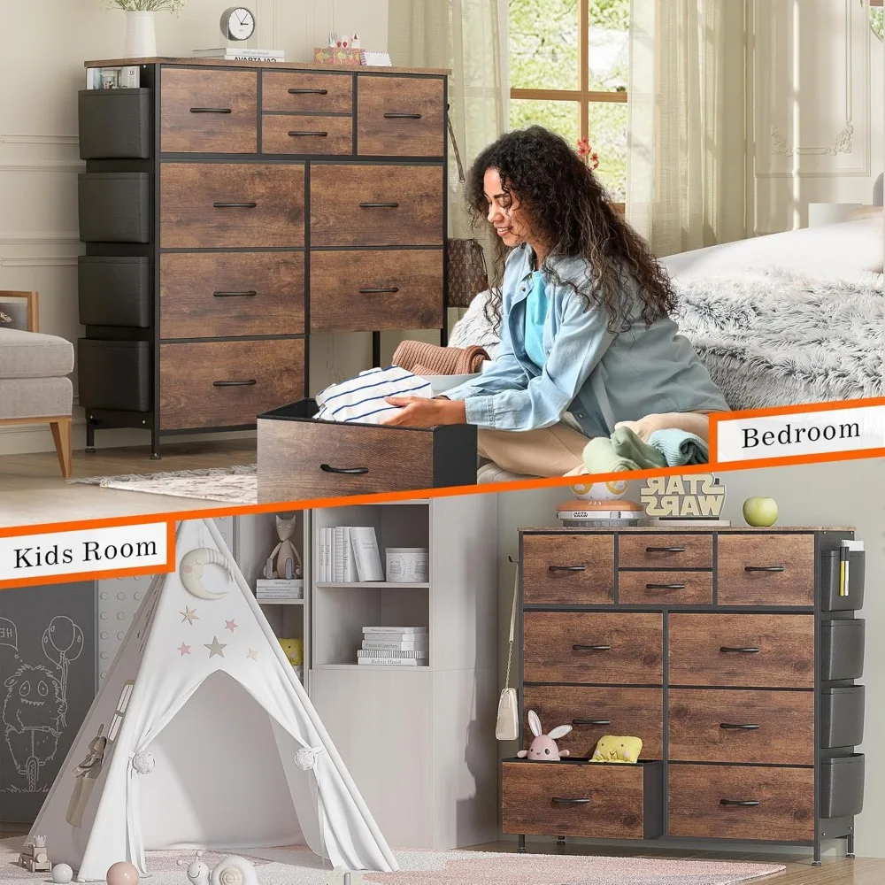 Dresser for Bedroom with 10 Drawers, Chest of Drawers with Side Pockets and Hooks, Fabric Storage Organizer Unit for Living Room