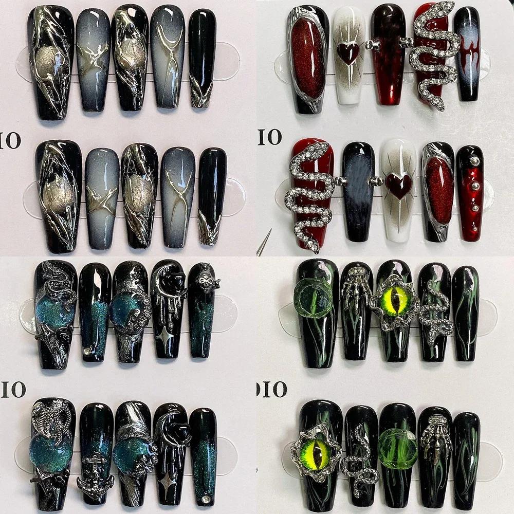 

10Pcs Y2K Punk Style Long Coffin Handmade Press On Nails Metal Diamond Snake Gradients Magic Mirror Powder Full Cover Nails