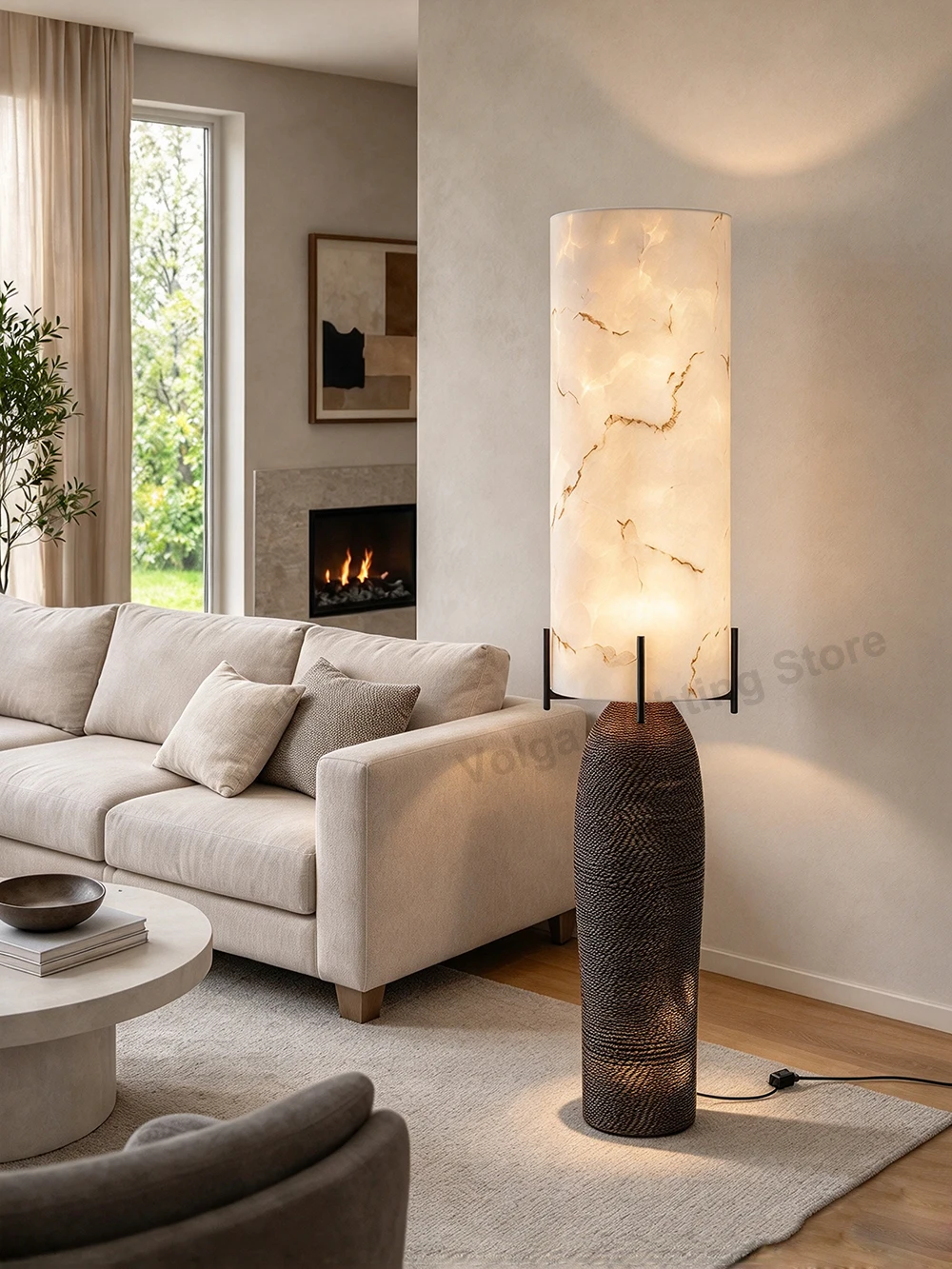 Vintage Room Decoration Large Floor Lamp Led High-end Living Room Villa Duplex Decor Imitation Marble Standing Light Brown