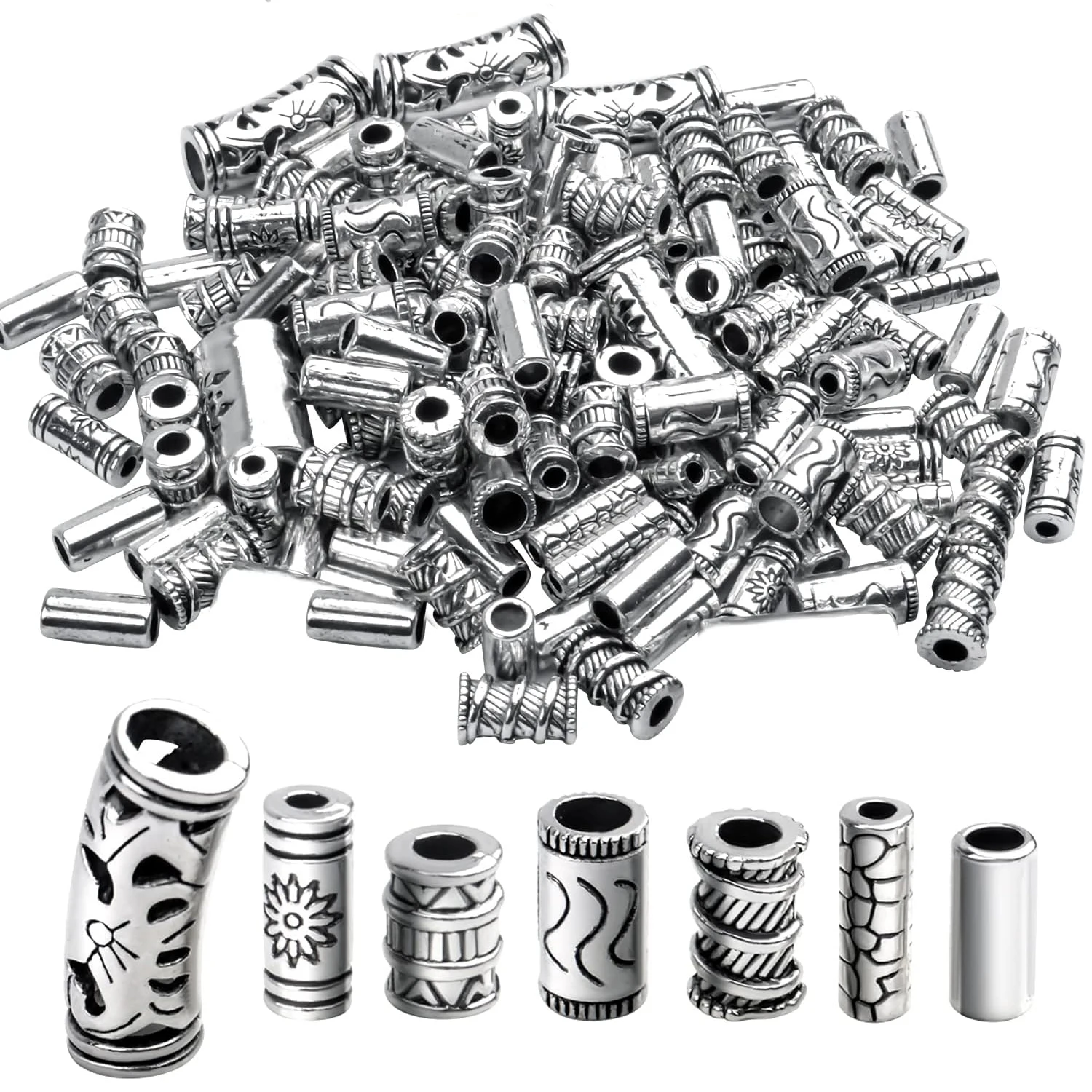 

100g (About 80-150pcs) Assorted Column Spacer Beads Tibetan Silver Tube Beads for Bracelet Necklace Jewelry Making Crafts DIY