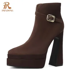 PRXDONG Women's Shoes 2024 New Brand Genuine Leather Chunky High Heels Platform Black Brown Dress Party Office Lady Ankle Boots