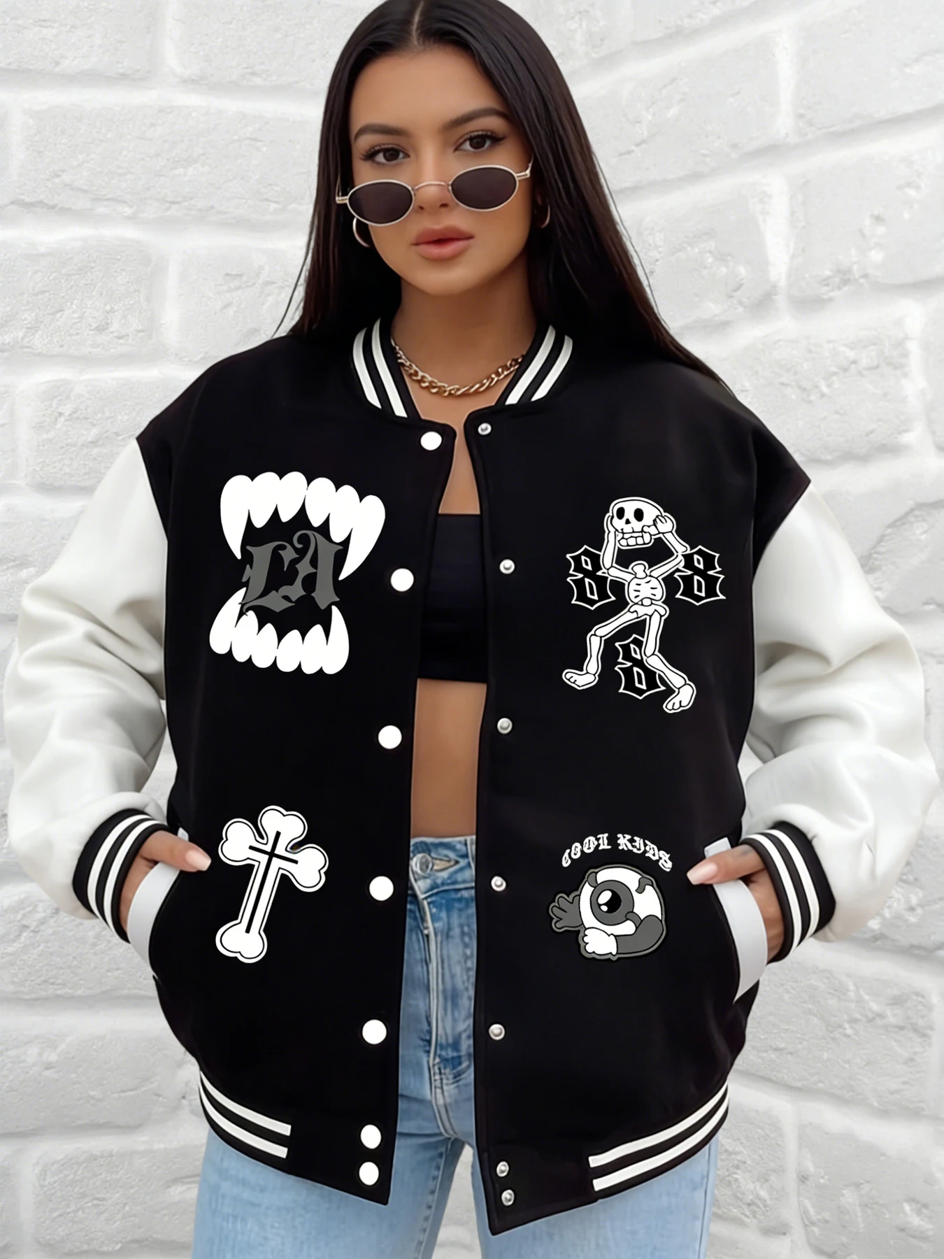 

Women LA Fang Graphic Skeleton Cool Funny Pattern Baseball Jacket Varsity Coat Loose Fit Outerwear Casual Street Daily Wear