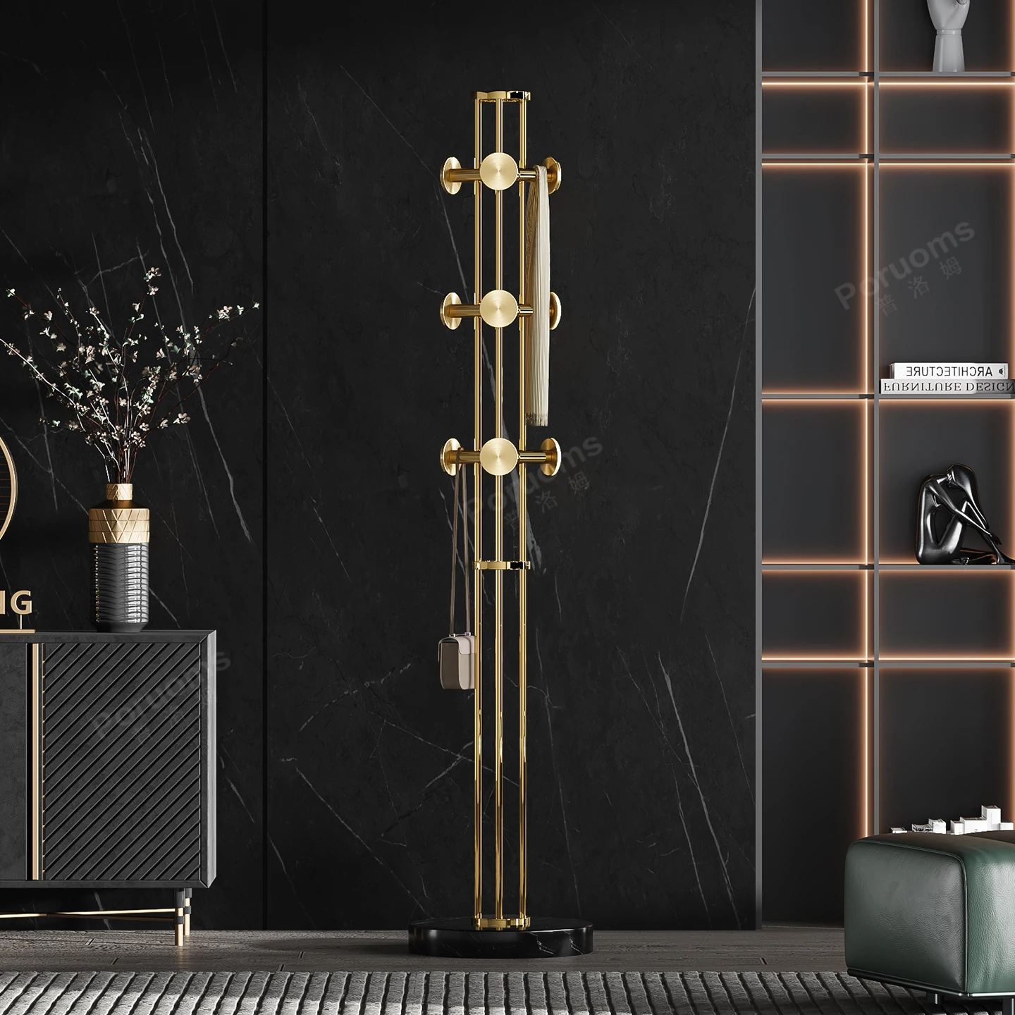 Light luxury hanger floor bedroom stainless steel coat rack three pole vertical home living room clothes hanging rack Internet c