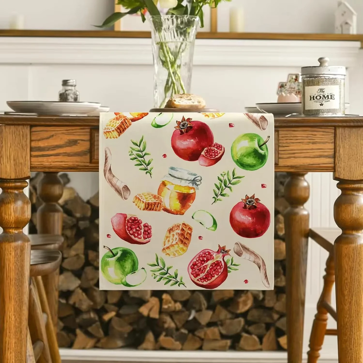 1pc Watercolor Jewish New Year Pomegranate Pattern Table Runner For Festival Gathering Kitchen Dining Desktop Stylish Home Decor