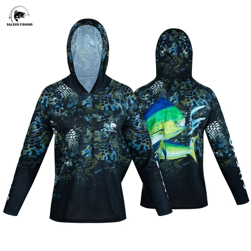 Men Long Sleeve Fishing Hoodie Sun Protection Sweatshirt Breathable Quick Dry Outdoors Fishing Clothing Summer Fishing Clothes