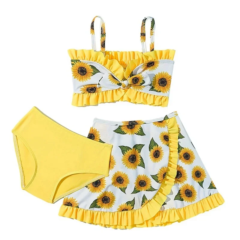 

Kids Swimsuit 2-9 Years Swimwear Bathing Suit Children Girls 3pack Flower Print Bikini Sets with Beach Skirt Crop Top Brief