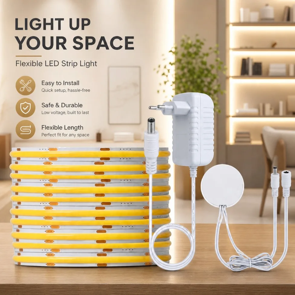 8mm Ultra Thin COB LED Strip DC12V 24V Light Dimmable Touch Switch Motion Sensor with EU/US Power Plug Kit for DIY Bedroom Decor