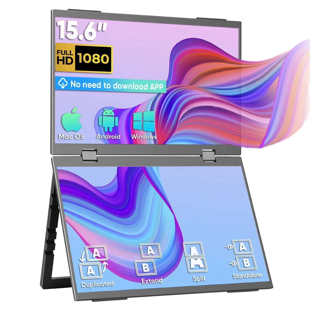 Dual Portable Monitor 15.6 inch Screen Laptop Foldable Metal Extender FHD 60Hz USB-C HDMI Folding Stacked for Gaming  Mac Wins