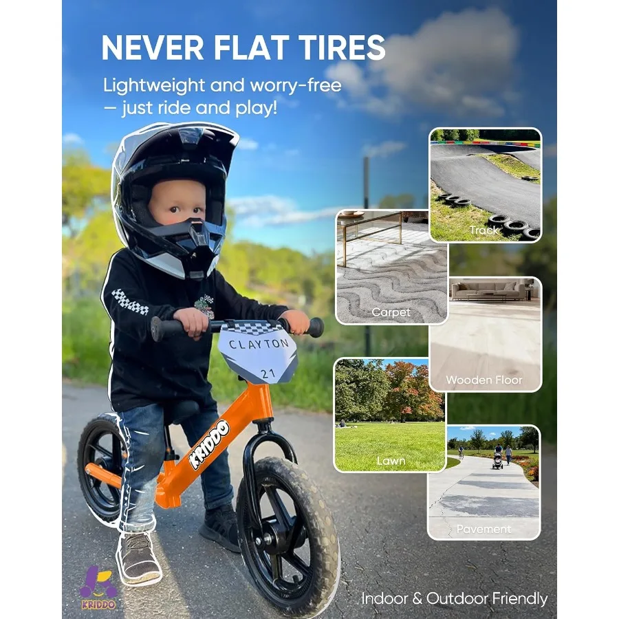 Rowerek biegowy dla malucha, dla dzieci w wieku od 18 miesięcy do 5 lat, rower kółka 12 cali z możliwością personalizacji tabliczki (3 zestawy naklejek w zestawie)