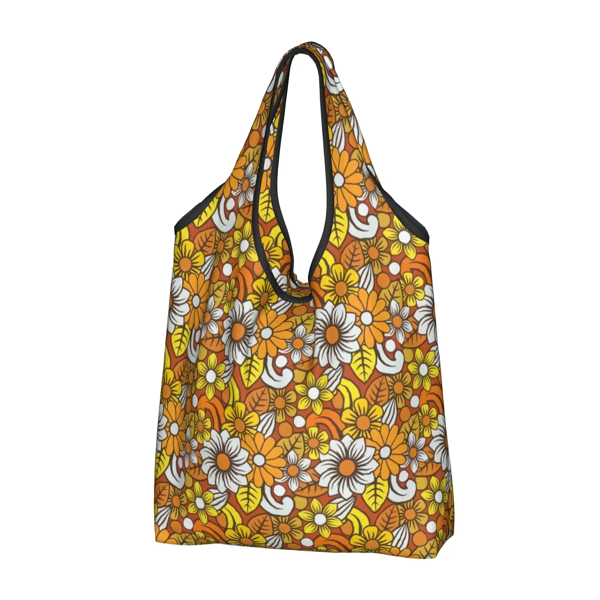 Fashion Retro 70s Orange Flower Pattern Shopping Tote Bag Portable Mid Century Modern Bohemian  Groceries Shopper Shoulder Bag