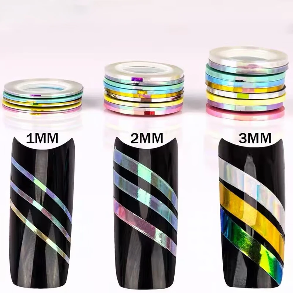 10 rouleaux de bandes auto-adhésives holographiques pour Nail Art, doublure dorée et argentée, autocollants pour ongles, conseils de décoration de manucure à faire soi-même, 1mm-3mm