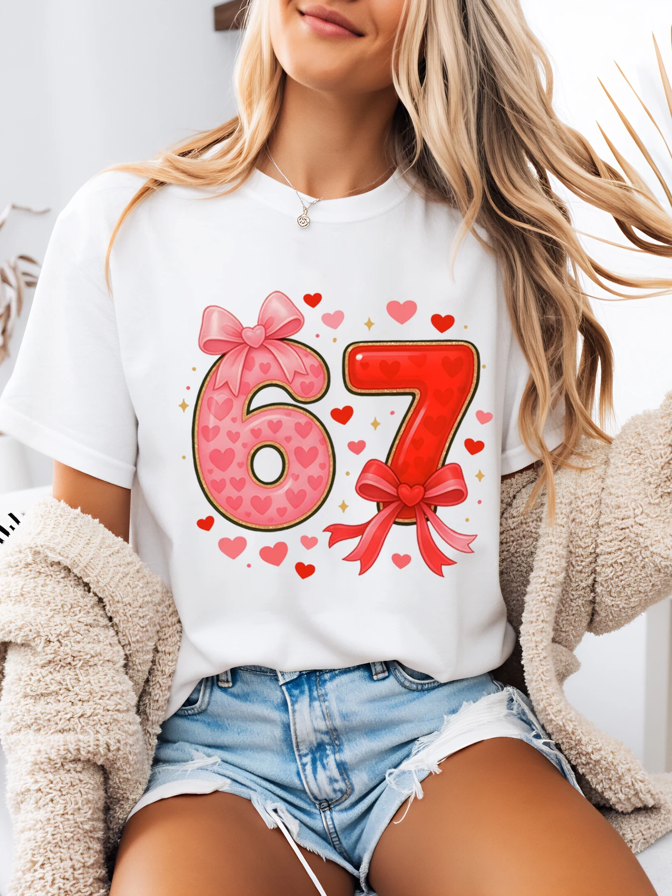 

Number 67 with Hearts and Bows Birthday Design T-Shirt Women Casual Wear for Party Celebration White Plus-Size