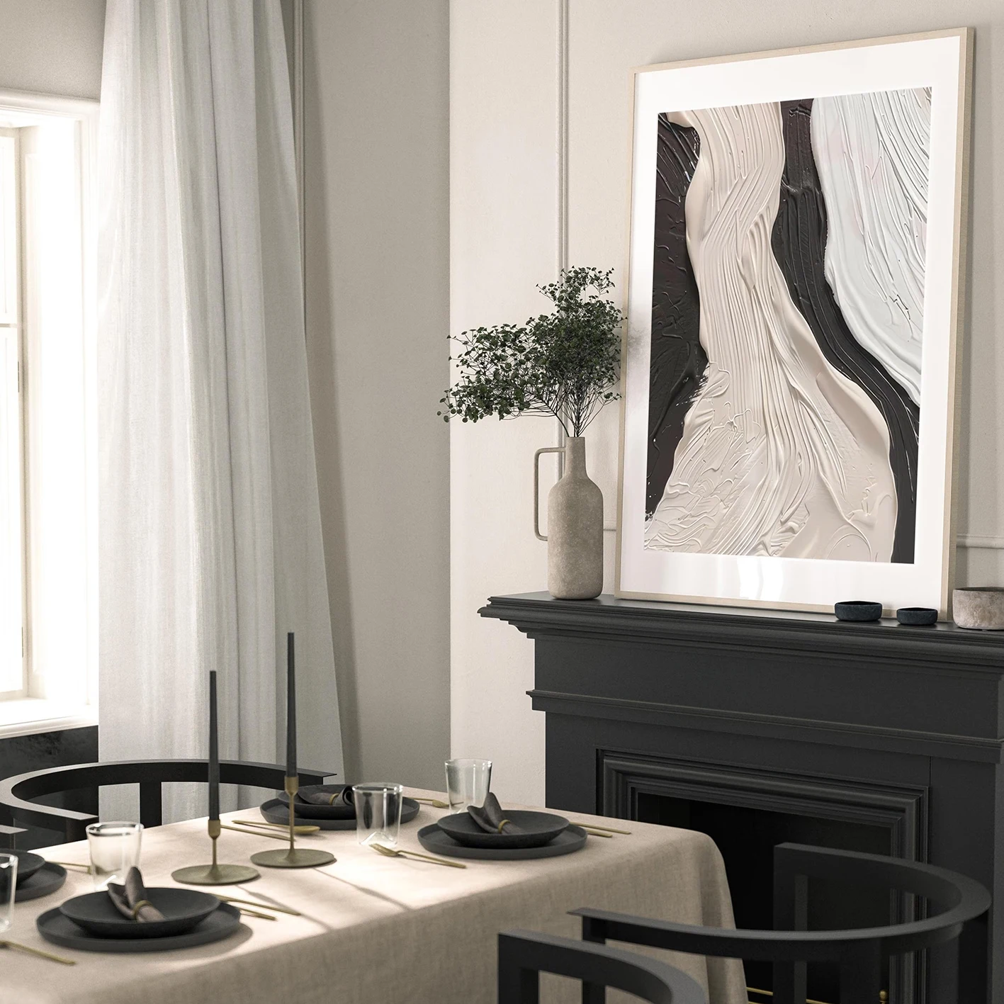 Neutral Canvas Painting Abstract Thick Texture Black & Beige Swirl Wave Home Art Wall Decor For Living Room Apartment Office Spa