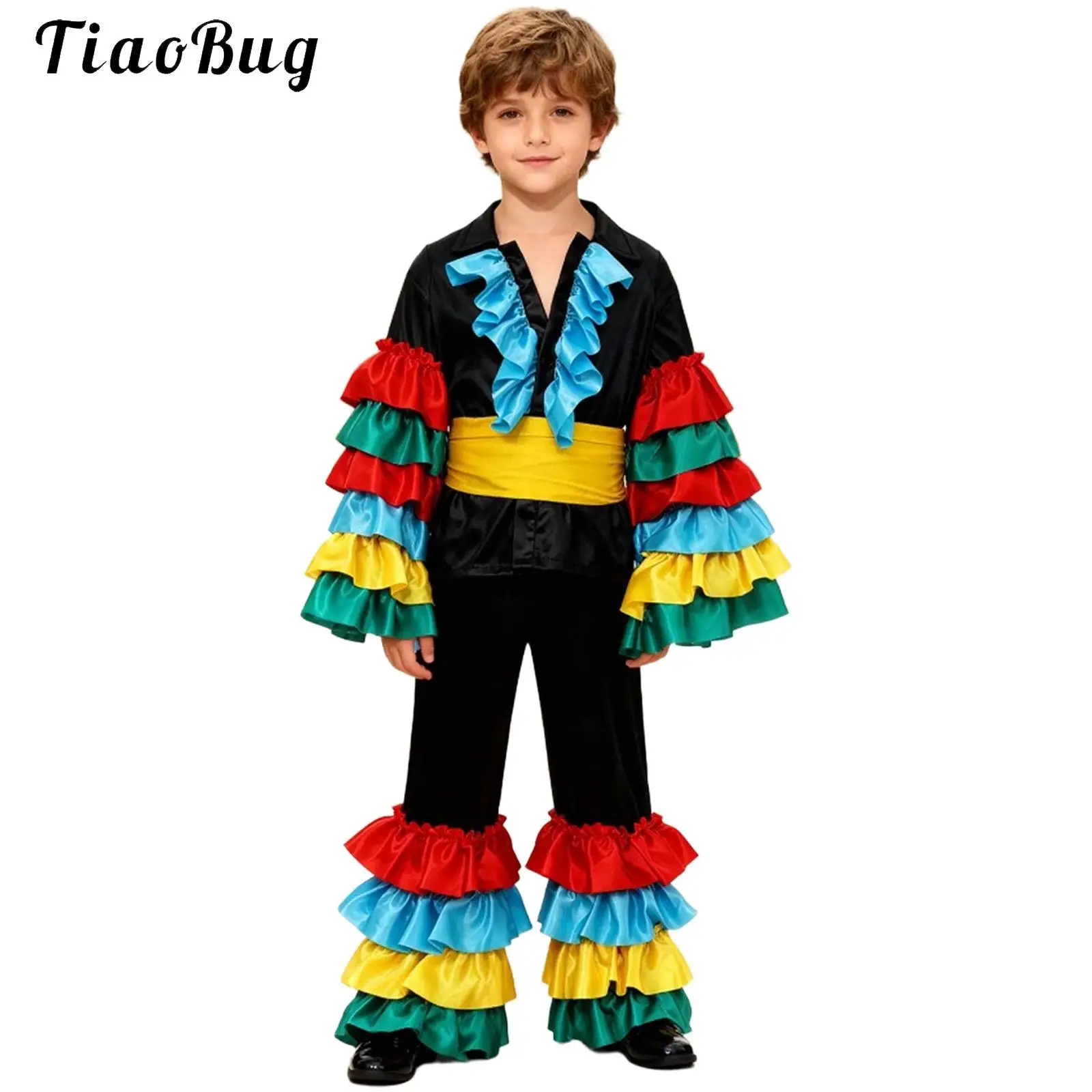 Kids Boys Spanish Flamenco Rumba Samba Dance Costume Layered Ruffled Sleeve Top with Pants And Waistbelt Mexican Performance Set